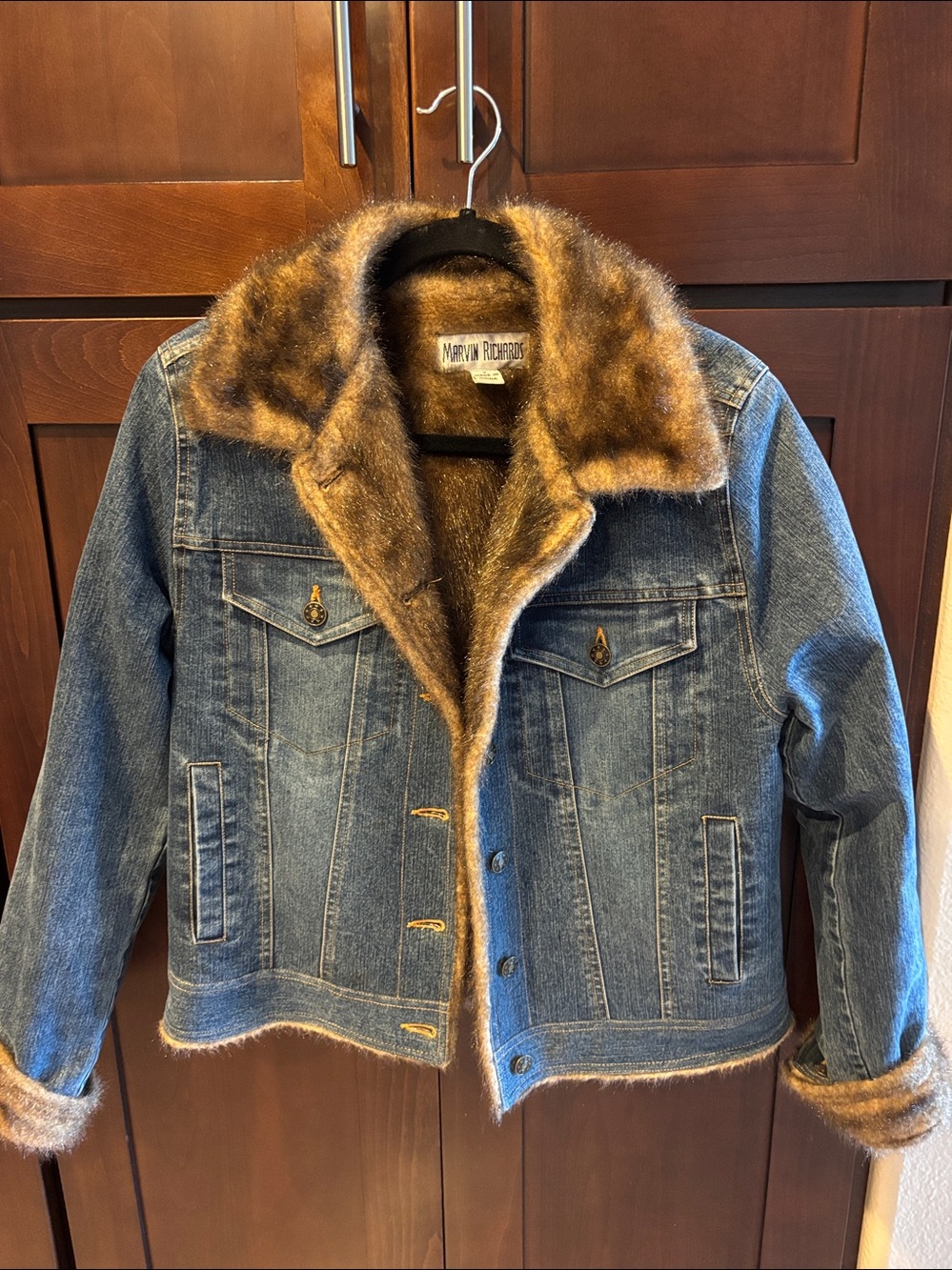 Marvin Richards Vintage Denim Jacket with Brown Faux Fur Trim